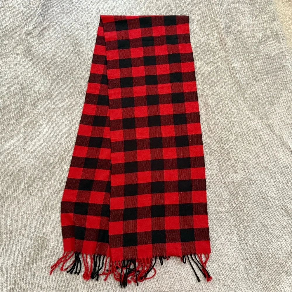 Buffalo Plaid Red Black Cashmere‎ Blend Scarf Men’s Winter Fringe